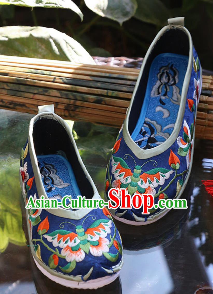 Dark Blue Chinese Handmade Cloth Shoes Layered Sole Small Upturned Toe Butterfly Embroidered Shoes Dark Blue Chinese Handmade Cloth Shoes Layered Sole Small Upturned Toe Butterfly Embroidered Shoes