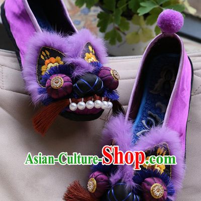 Purple Embroidered Tiger Head Shoes Chinese Handmade Cloth Shoes Layered Sole Shoes