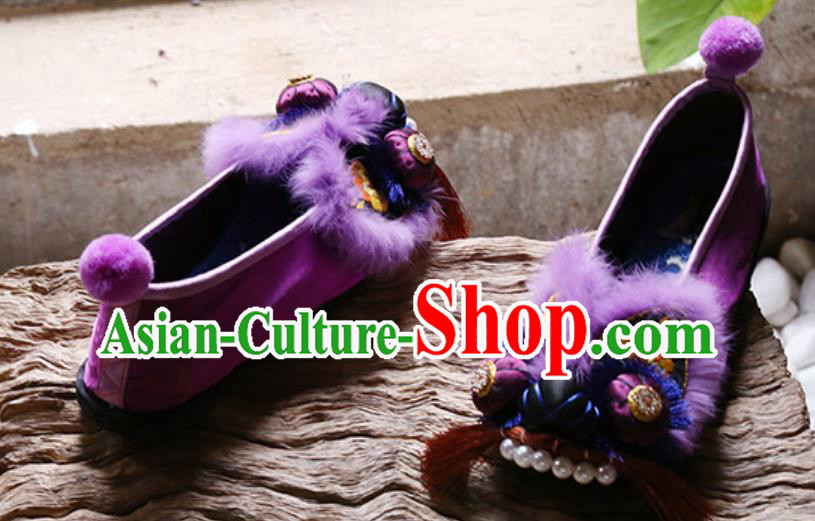 Purple Embroidered Tiger Head Shoes Chinese Handmade Cloth Shoes Layered Sole Shoes Purple Embroidered Tiger Head Shoes Chinese Handmade Cloth Shoes Layered Sole Shoes