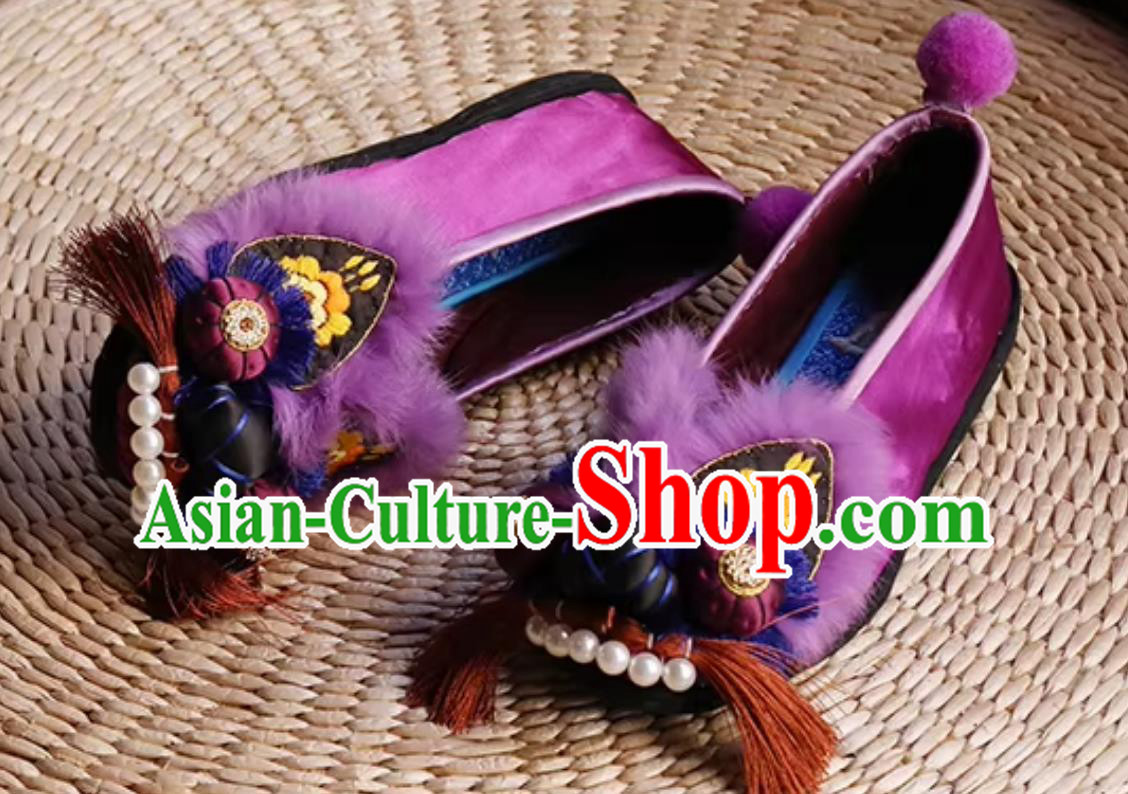 Purple Embroidered Tiger Head Shoes Chinese Handmade Cloth Shoes Layered Sole Shoes Purple Embroidered Tiger Head Shoes Chinese Handmade Cloth Shoes Layered Sole Shoes
