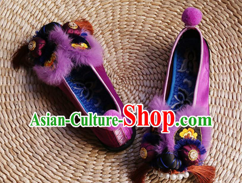 Purple Embroidered Tiger Head Shoes Chinese Handmade Cloth Shoes Layered Sole Shoes Purple Embroidered Tiger Head Shoes Chinese Handmade Cloth Shoes Layered Sole Shoes