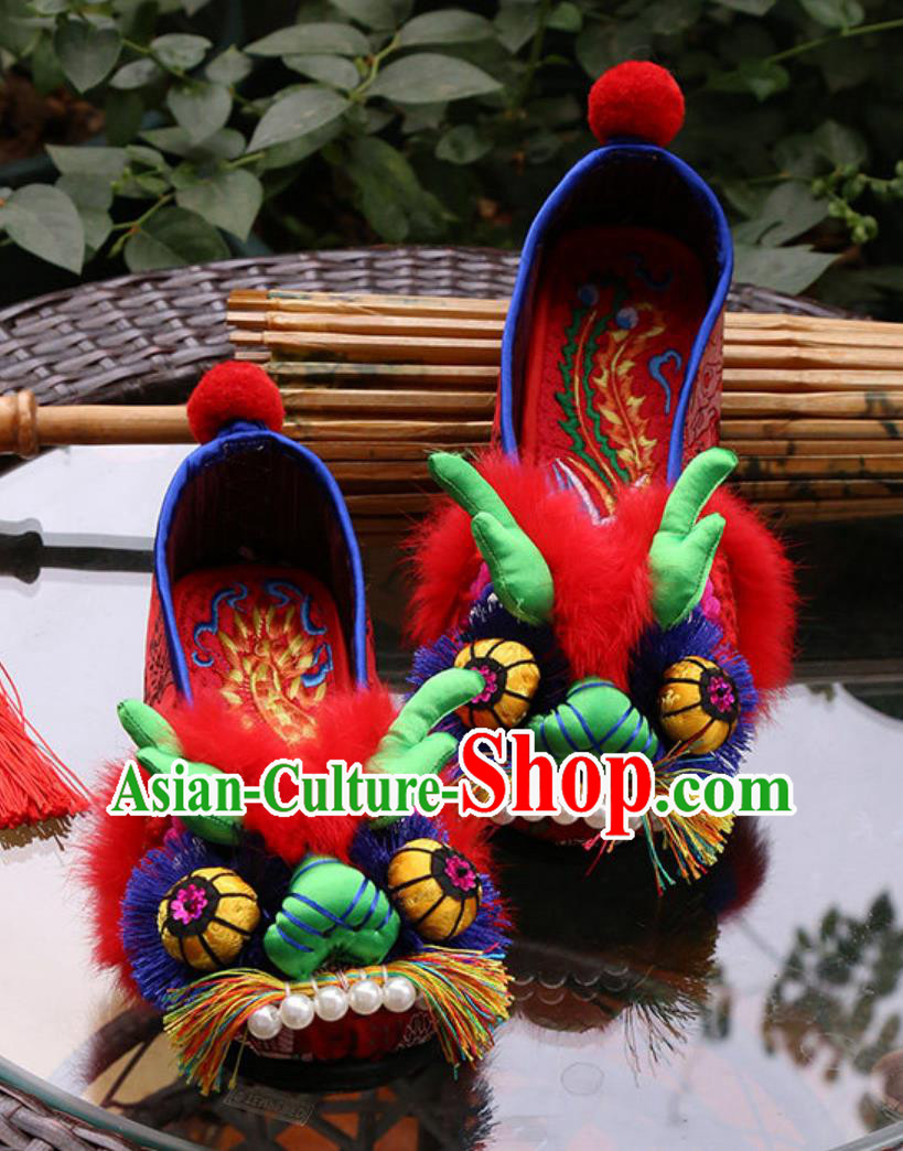 Red Layered Sole Shoes Embroidered Tiger Head Shoes Chinese Handmade Cloth Shoes