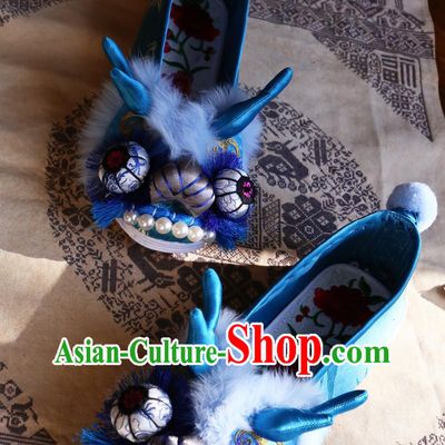 Blue Embroidered Dragon Head Shoes Chinese Handmade Cloth Shoes Layered Sole Shoes