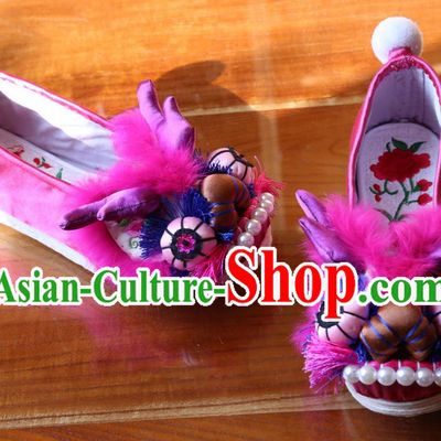 Hot Pink Handmade Layered Sole Shoes Embroidered Dragon Head Shoes Traditional Chinese Cloth Shoes