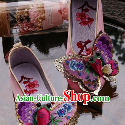 Intangible Cultural Heritage Embroidery Butterfly Pink Handmade Chinese Layered Sole Shoes