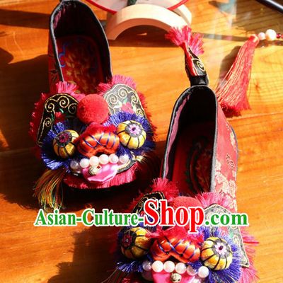 Kirin Head Tiger Head Shoes Handmade Heavy Embroidered Red Shoes