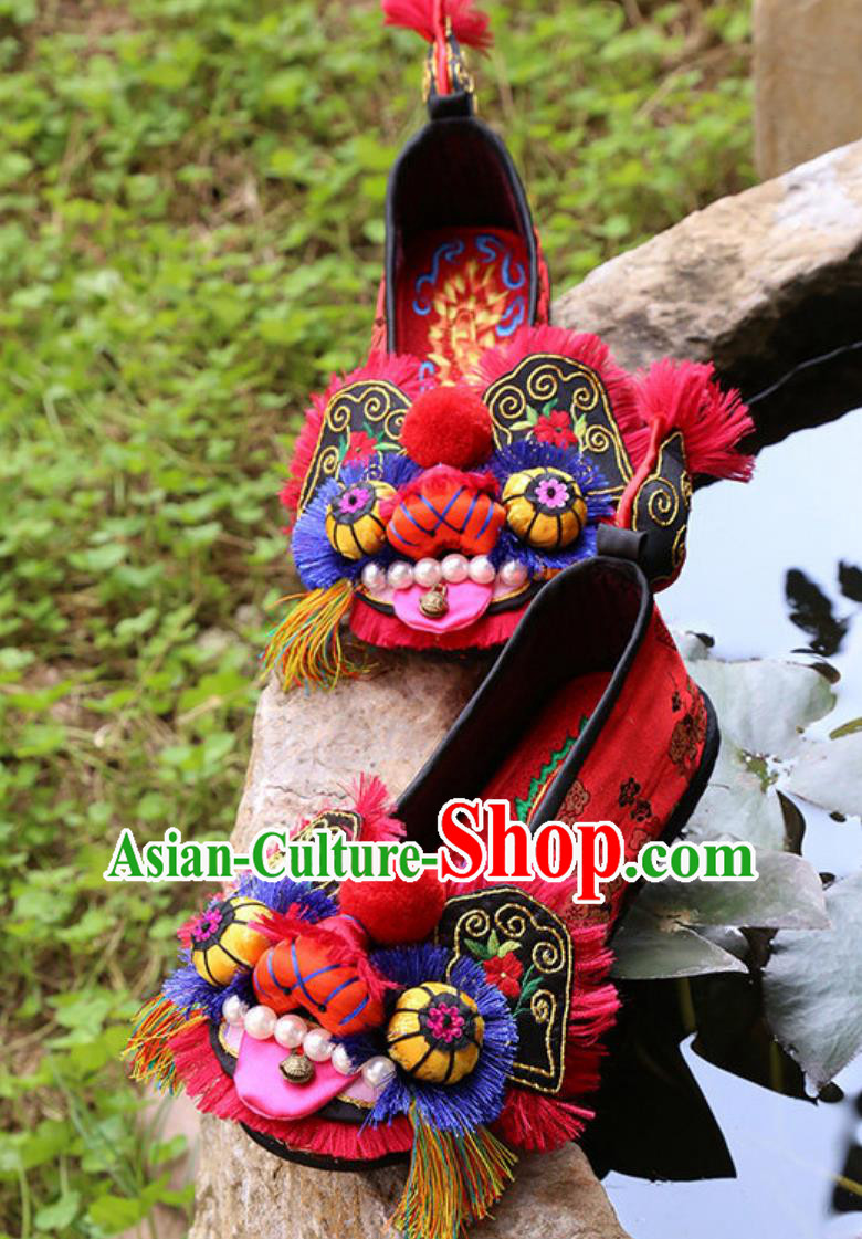 Kirin Head Tiger Head Shoes Handmade Heavy Embroidered Red Shoes