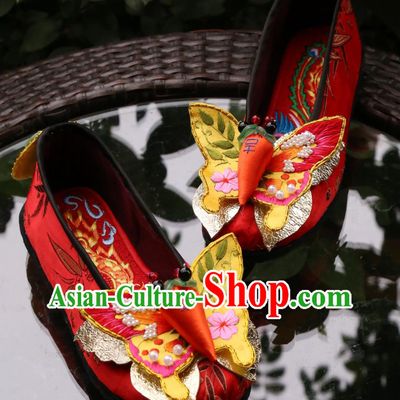 Intangible Cultural Heritage Embroidered Butterfly Wedding Shoes Handmade Chinese Style Red Layered Sole Shoes