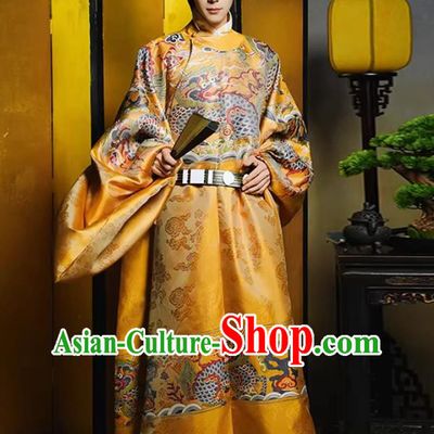 Ming Dynasty Round Collar Robe Traditional Mens Hanfu Mens Golden Brocade Chinese Style Wedding Official Attire