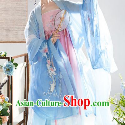Chinese Womens Hanfu Tang Dynasty Heavy Embroidery Wide Sleeve Blue Cape and Dress Complete Set