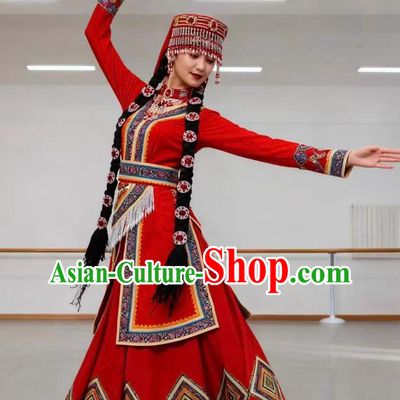 Chinese Xinjiang Women Folk Dance Red Dress Ethnic Minority Dance Costume Pamir Drumbeat Tajik Uyghur Nationality Stage Clothing