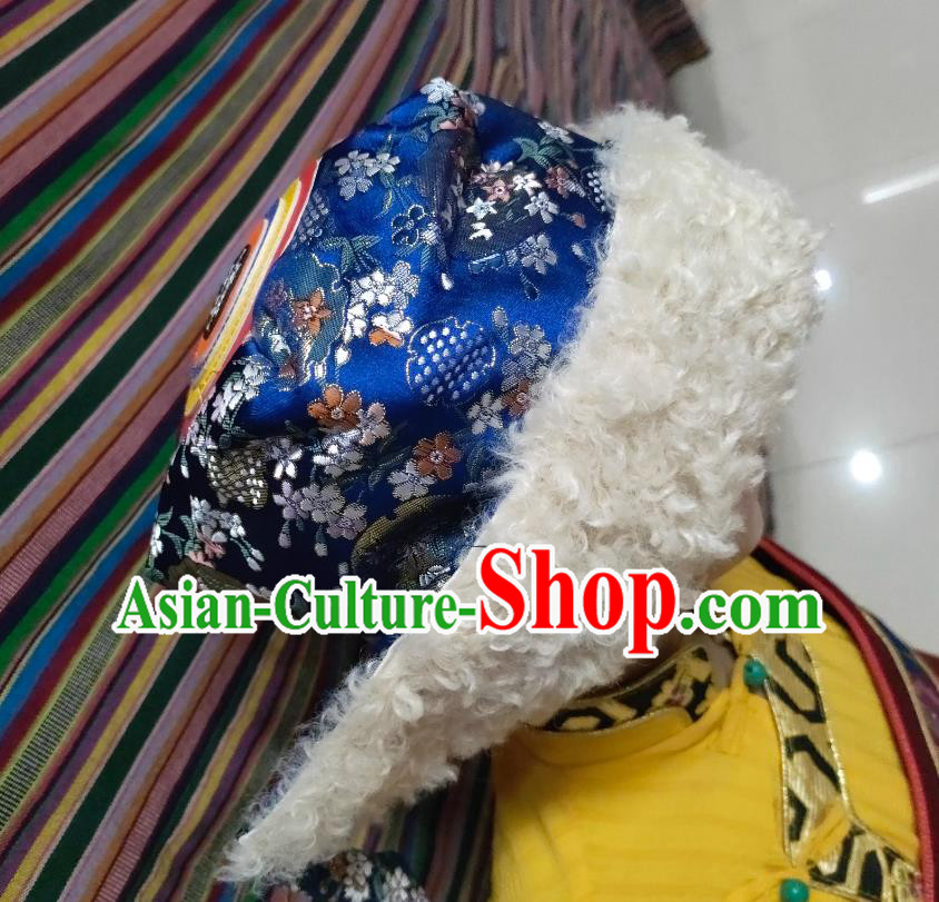 Deep Blue Tibetan Style Kids Winter Hat Chinese Zang Ethnic Headwear Deep Blue Tibetan Style Kids Winter Hat Chinese Zang Ethnic Headwear