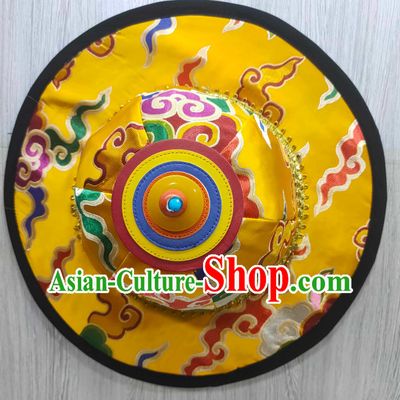 Zang Ethnic Style Headwear Tibetan Noble Male Yellow Brocade Hat Tibetan Opera Hat