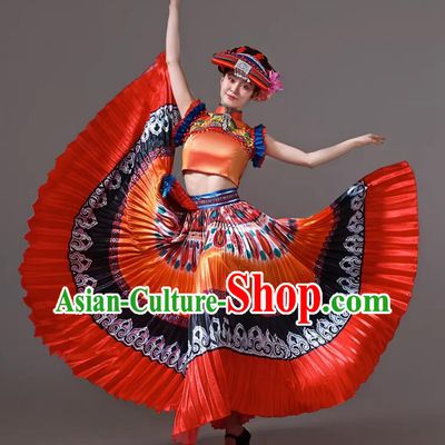 Yi Ethnic Women Costume Chinese Minority Performance Dance Flared Skirt Dancewear