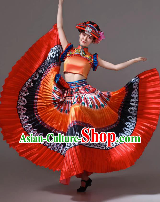 Yi Ethnic Women Costume Chinese Minority Performance Dance Flared Skirt Dancewear