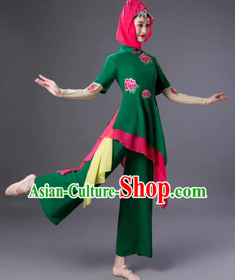 Chinese Hui Ethnic Folk Dance Costume Women Yangko Dance Green Outfit Chinese Hui Ethnic Folk Dance Costume Women Yangko Dance Green Outfit