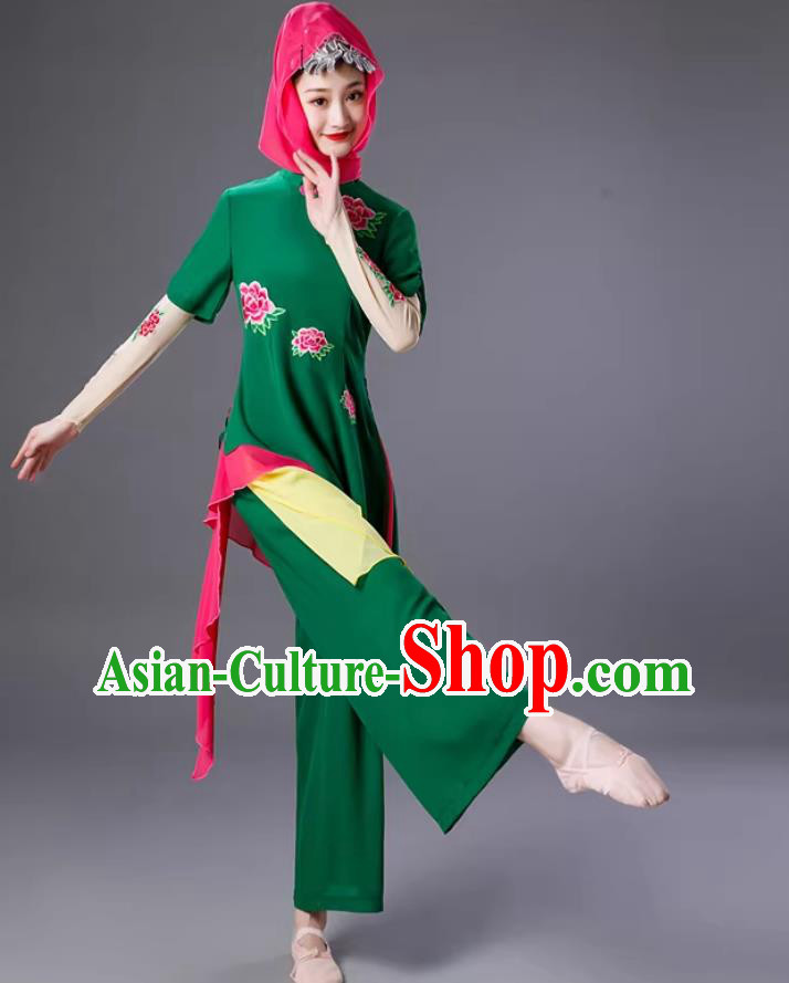 Chinese Hui Ethnic Folk Dance Costume Women Yangko Dance Green Outfit Chinese Hui Ethnic Folk Dance Costume Women Yangko Dance Green Outfit