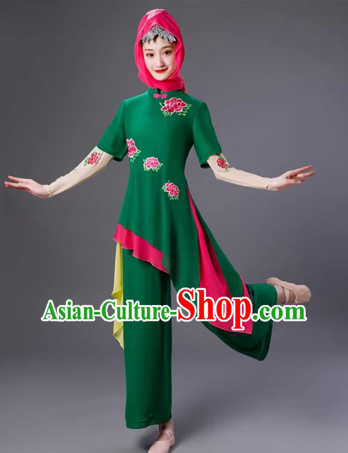 Chinese Hui Ethnic Folk Dance Costume Women Yangko Dance Green Outfit Chinese Hui Ethnic Folk Dance Costume Women Yangko Dance Green Outfit