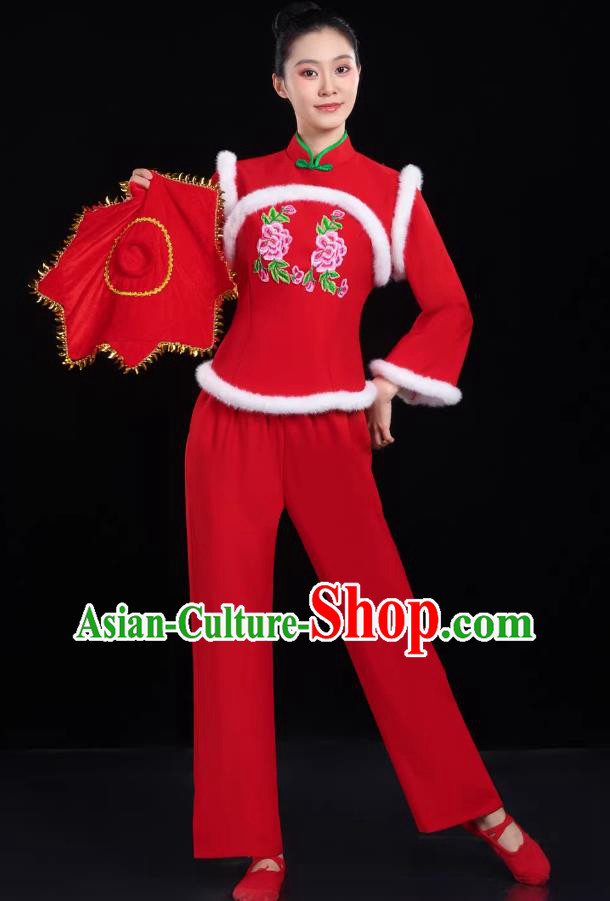 Chinese Yangko Costume Women Red Fleece Lined Fan Dance Performance Outfit Chinese Yangko Costume Women Red Fleece Lined Fan Dance Performance Outfit