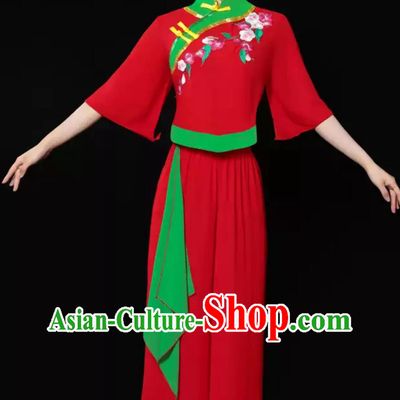 Women Group Fan Performance Costume Chinese Yangko Dance Red Outfit