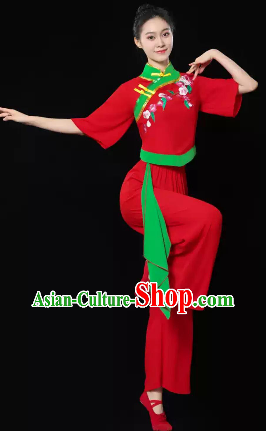 Women Group Fan Performance Costume Chinese Yangko Dance Red Outfit