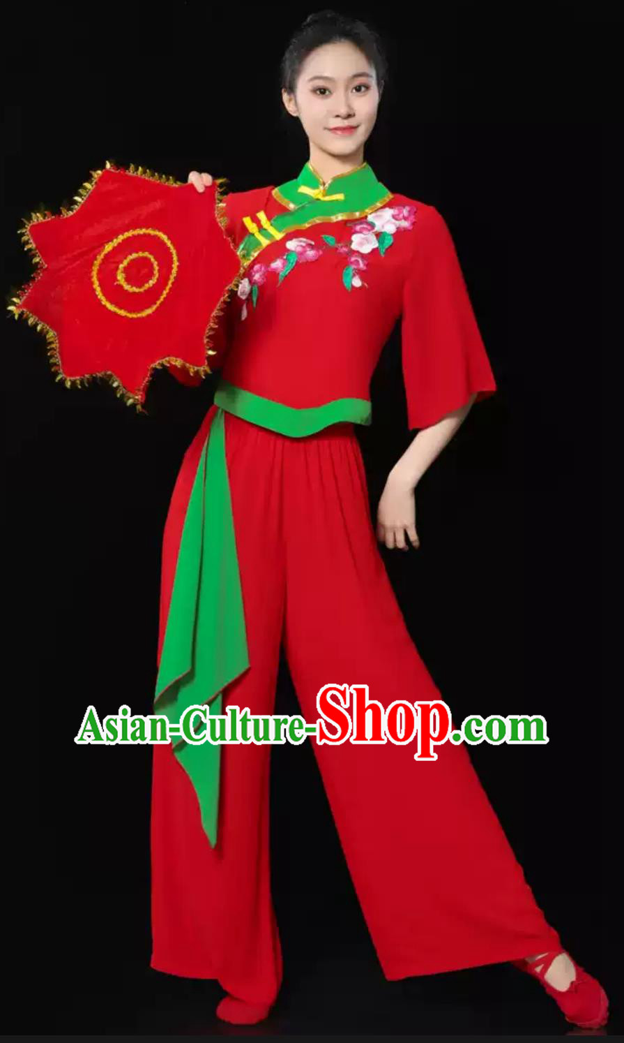 Women Group Fan Performance Costume Chinese Yangko Dance Red Outfit