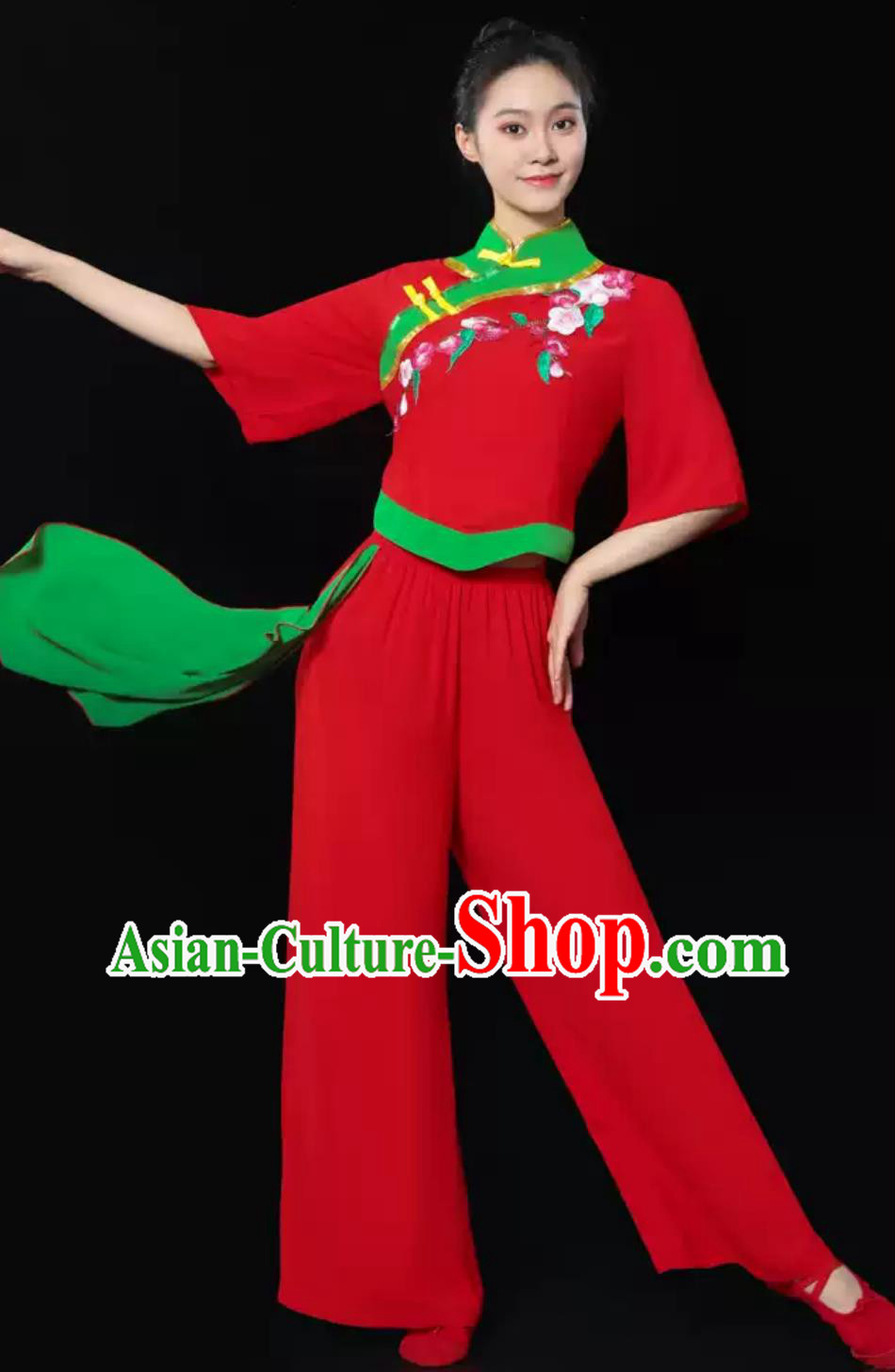 Women Group Fan Performance Costume Chinese Yangko Dance Red Outfit