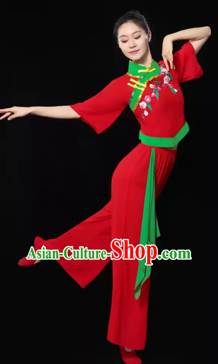Women Group Fan Performance Costume Chinese Yangko Dance Red Outfit