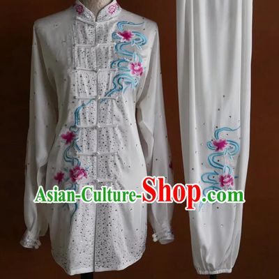 Phoenix Embroidery Tai Chi Suit Crystal Performance Competition Costume Taiji Team Show White Outfit