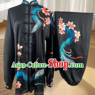 Embroidery Phoenix Tail Tai Chi Suit Martial Arts Performance Costume Kung Fu Competition Black Uniform