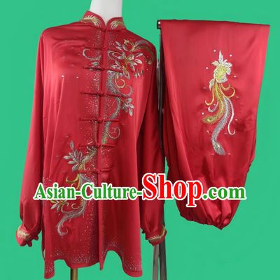 Red Gold Thread Embroidery Peacock Tai Chi Suit Chinese Kung Fu Competition Performance Costume