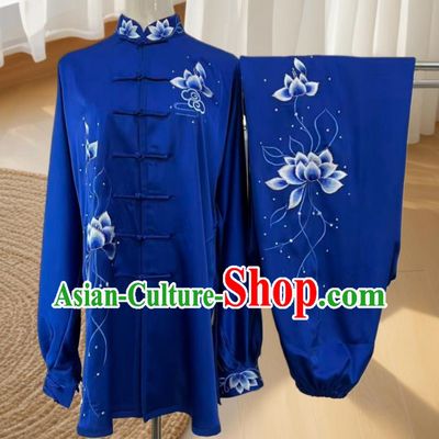 Embroidery Lotus Tai Chi Suit Martial Arts Competition Costume Taiji Performance Royal Blue Clothing