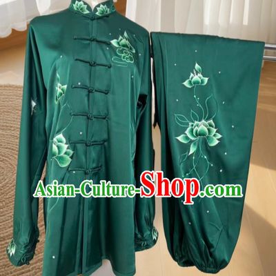 Taiji Performance Dark Green Clothing Embroidery Lotus Tai Chi Suit Martial Arts Competition Costume