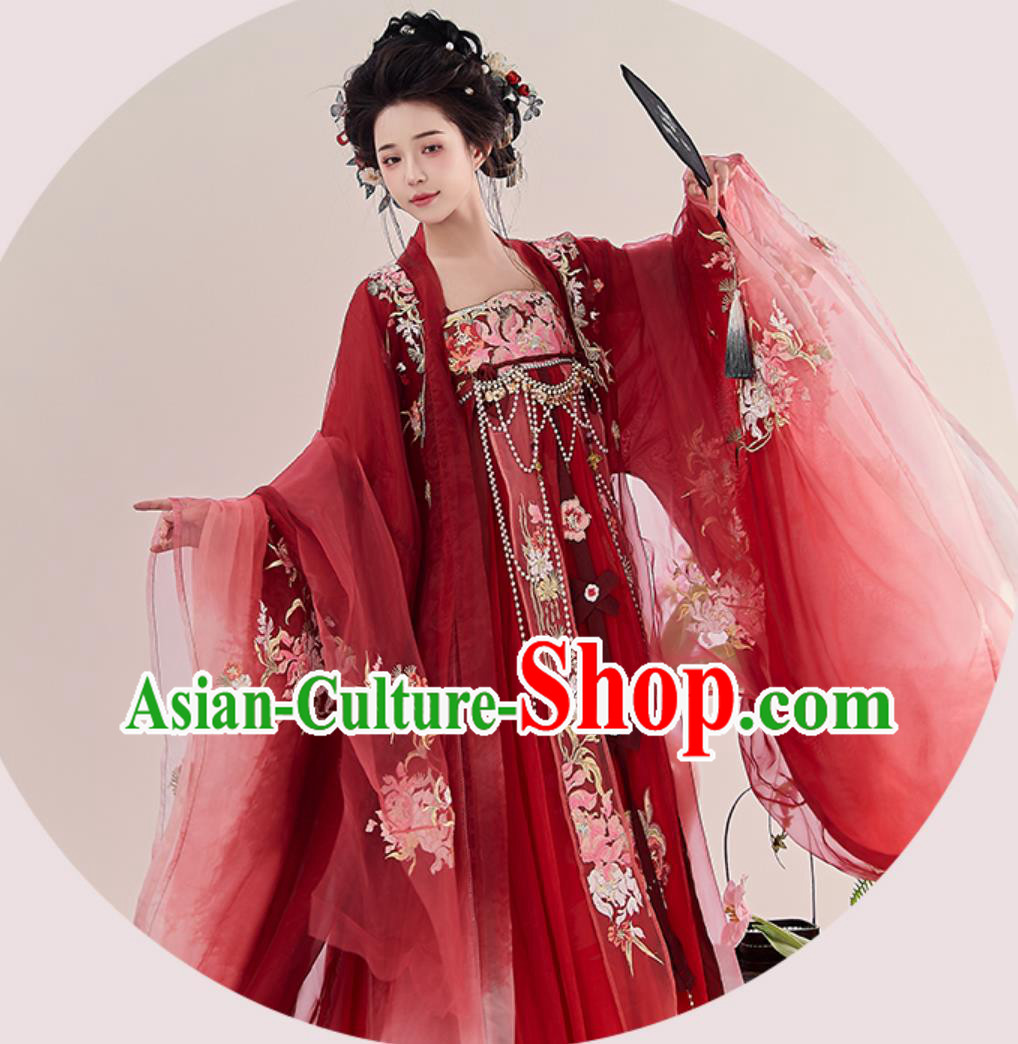Heavy Embroidery Red Hanfu Tang Dynasty Wide Sleeve Blouse and Hezi Dress Complete Set Heavy Embroidery Red Hanfu Tang Dynasty Wide Sleeve Blouse and Hezi Dress Complete Set