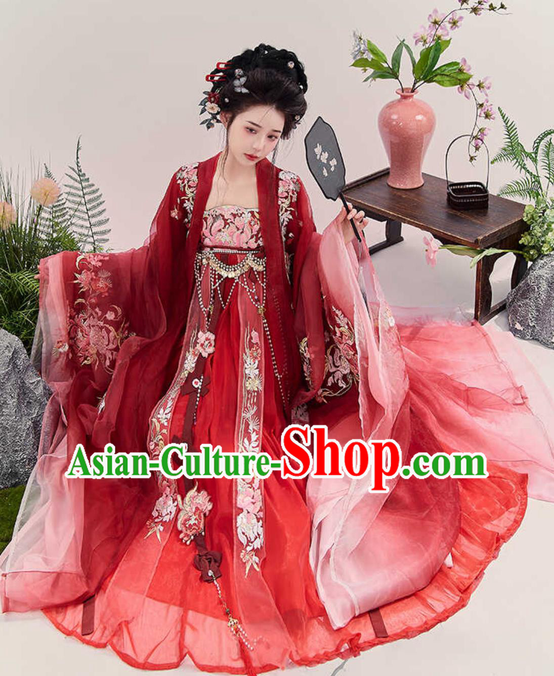 Heavy Embroidery Red Hanfu Tang Dynasty Wide Sleeve Blouse and Hezi Dress Complete Set Heavy Embroidery Red Hanfu Tang Dynasty Wide Sleeve Blouse and Hezi Dress Complete Set