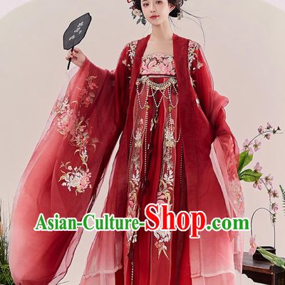 Heavy Embroidery Red Hanfu Tang Dynasty Wide Sleeve Blouse and Hezi Dress Complete Set
