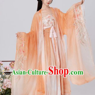 Chinese Orange Hanfu Tang Dynasty Embroidery Wide Sleeve Cape and Hezi Dress Complete Set
