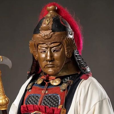 Handmade Chinese Red Copper Phoenix Wings Helmet Ancient Song Dynasty Warrior Headwear with Er Lang God Mask