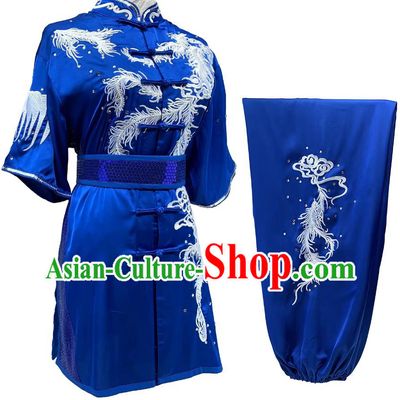 Wushu Taolu Performance Uniform Custom Made Martial Arts Competition Costume Embroidered Phoenix Tails Royalblue Changquan Suit