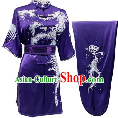 Embroidered Phoenix Tails Purple Changquan Suit Wushu Taolu Performance Uniform Custom Made Martial Arts Competition Costume