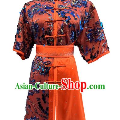 Embroidered Sequins Fabric Martial Arts Clothing Changqun Performance Costume Wushu Tournament Orange Uniform
