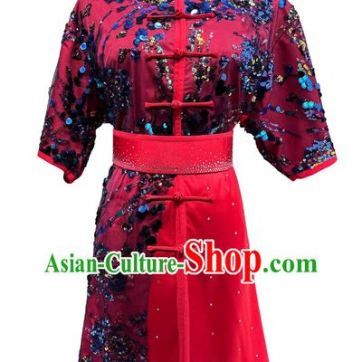 Wushu Tournament Red Uniform Embroidered Sequins Fabric Martial Arts Clothing Changqun Performance Costume