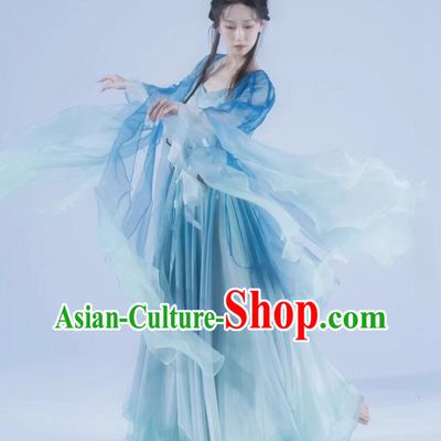 Chinese Classical Dance Costume Wide Sleeve Blue Hanfu Dress