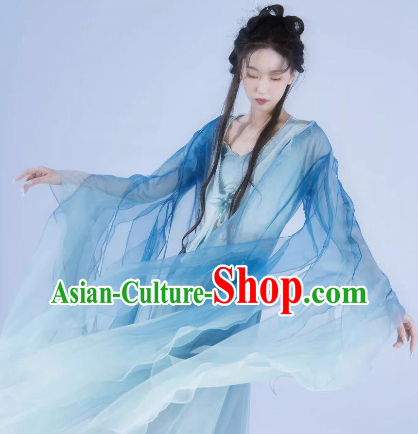 Chinese Classical Dance Costume Wide Sleeve Blue Hanfu Dress Chinese Classical Dance Costume Wide Sleeve Blue Hanfu Dress