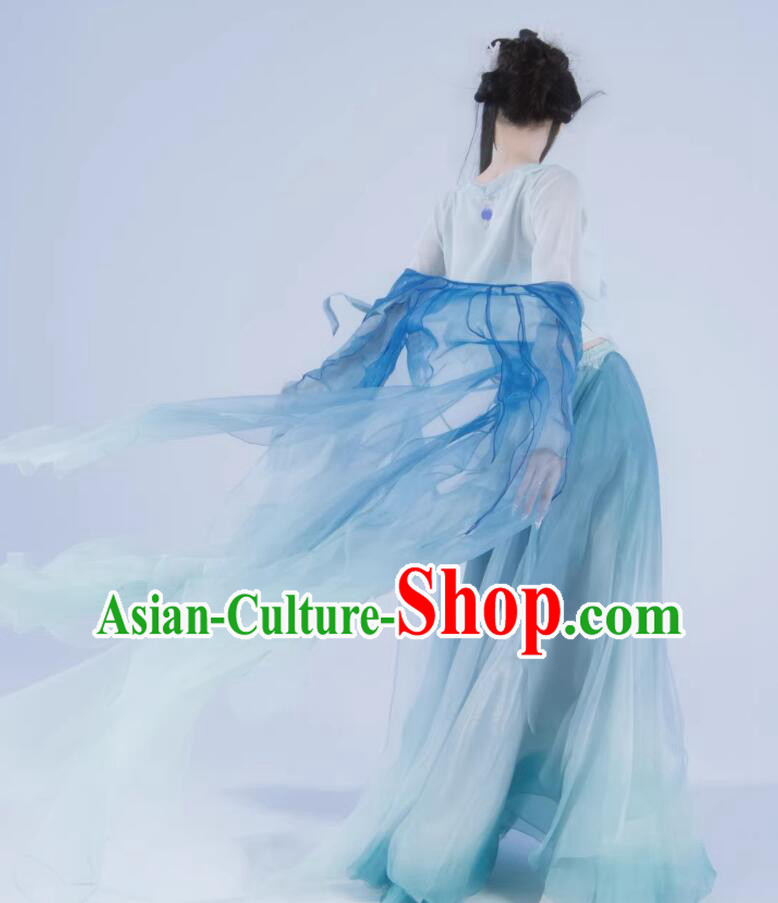 Chinese Classical Dance Costume Wide Sleeve Blue Hanfu Dress Chinese Classical Dance Costume Wide Sleeve Blue Hanfu Dress