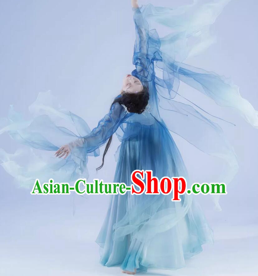 Chinese Classical Dance Costume Wide Sleeve Blue Hanfu Dress Chinese Classical Dance Costume Wide Sleeve Blue Hanfu Dress