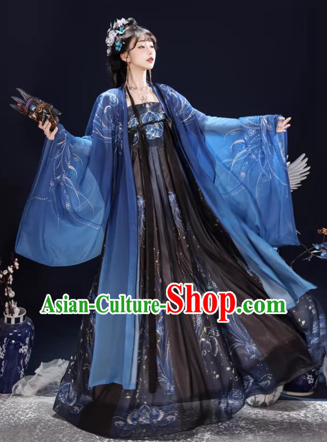 Chinese Hanfu Heavy Embroidered Large Sleeve Dress Wei Jin Style Wuxia Blue Costume Chinese Hanfu Heavy Embroidered Large Sleeve Dress Wei Jin Style Wuxia Blue Costume