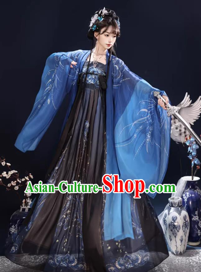 Chinese Hanfu Heavy Embroidered Large Sleeve Dress Wei Jin Style Wuxia Blue Costume Chinese Hanfu Heavy Embroidered Large Sleeve Dress Wei Jin Style Wuxia Blue Costume