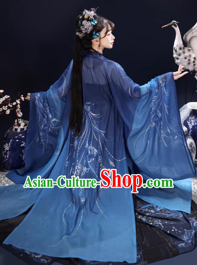 Chinese Hanfu Heavy Embroidered Large Sleeve Dress Wei Jin Style Wuxia Blue Costume Chinese Hanfu Heavy Embroidered Large Sleeve Dress Wei Jin Style Wuxia Blue Costume