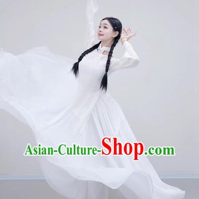 White Chinese Classical Dance Costume Sheer Practice Top Flowing Fairy Large Skirt Outfit